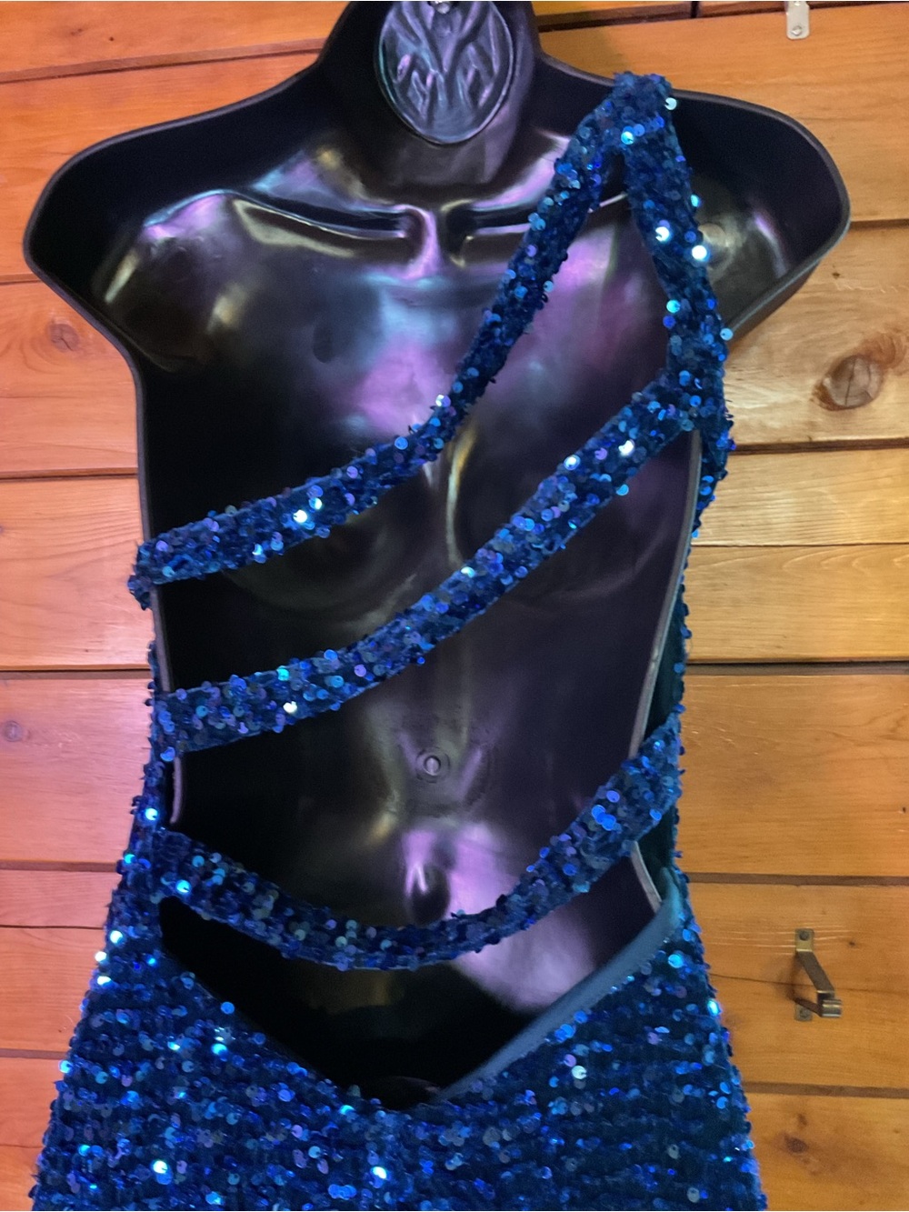 One-Shoulder Navy Sequin Evening Gown w/ slit hem and Open Back - Picture 4 of 14